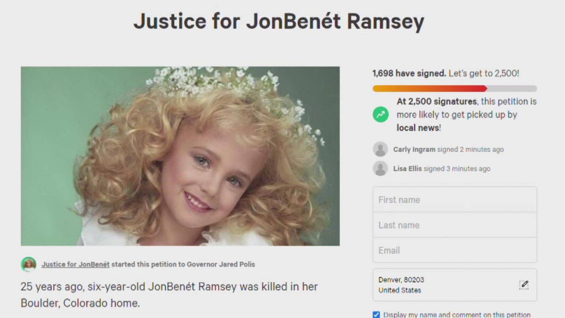 JonBenét's father John Ramsey told 9NEWS that he supports the petition.