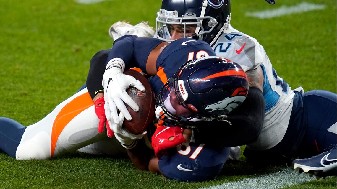 Denver Broncos defensive lineman Jonathan Harris (92) plays against the  Tennessee Titans during the first half of an NFL football game Sunday, Nov.  13, 2022, in Nashville, Tenn. (AP Photo/Mark Zaleski Stock