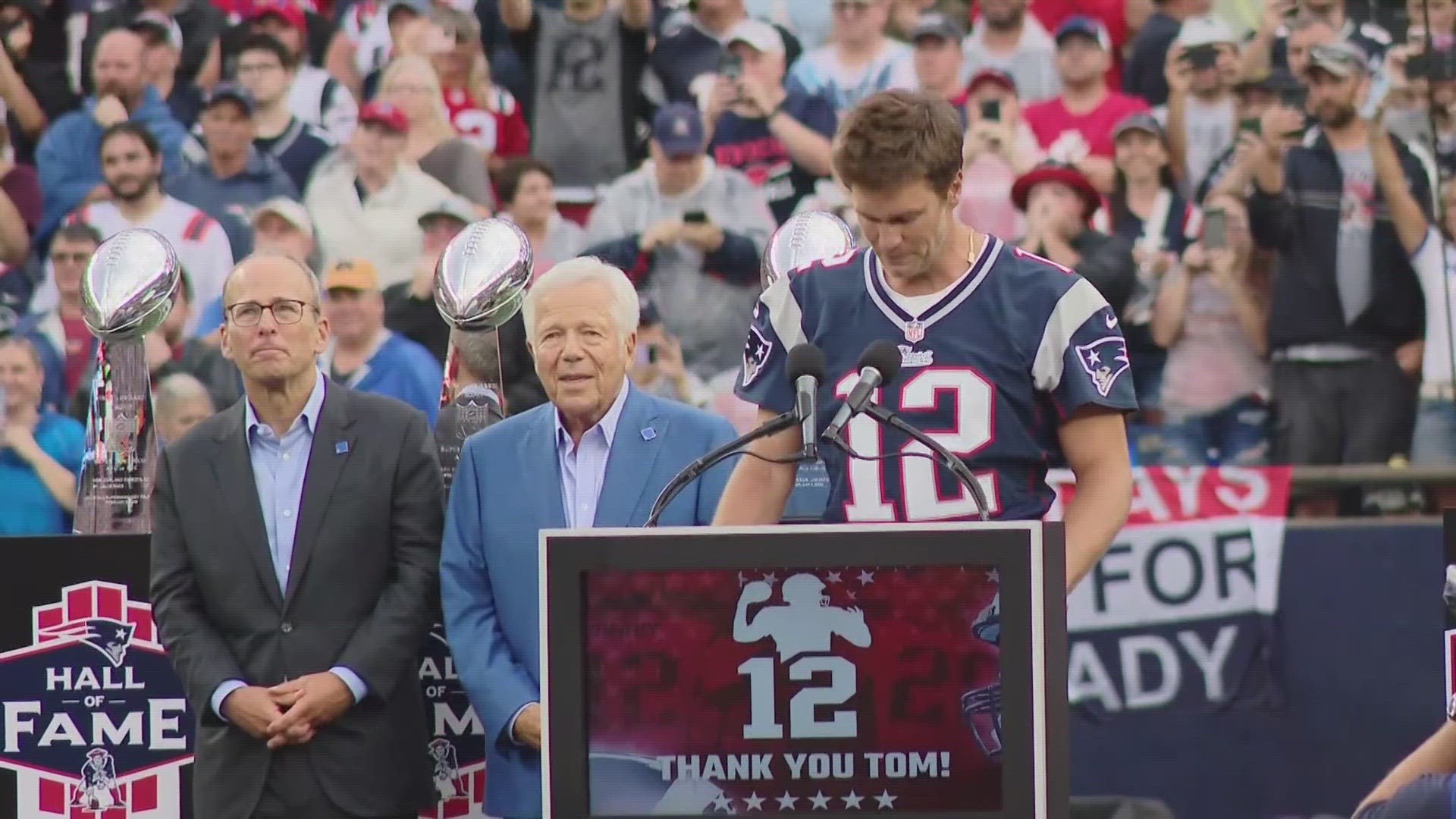 New England Patriots quarterback Tom Brady greets members of the U.S.  military along the sideline before an NFL football game against the Atlanta  Falcons, Sunday, Oct. 22, 2017, in Foxborough, Mass. (AP