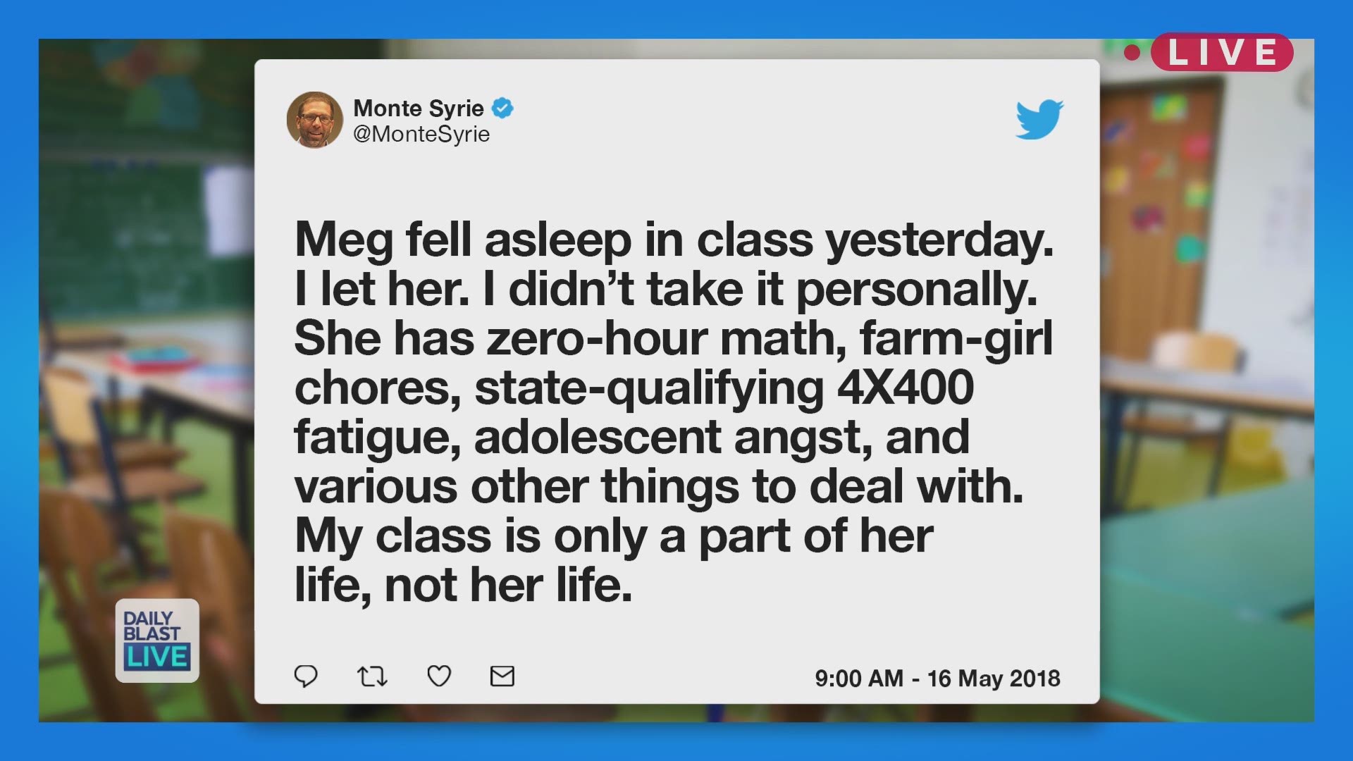 Ever take a snooze during class? Well a high school teacher in Spokane, Washington gave a wake-up call no one expected. Monte Syrie, a long-time English Teacher, took to Twitter to write about his choice letting an exhausted student sleep in his class. Sy