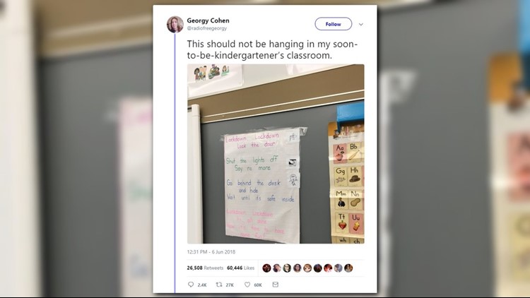 Poster of lockdown song in kindergarten classroom sparks school safety debate