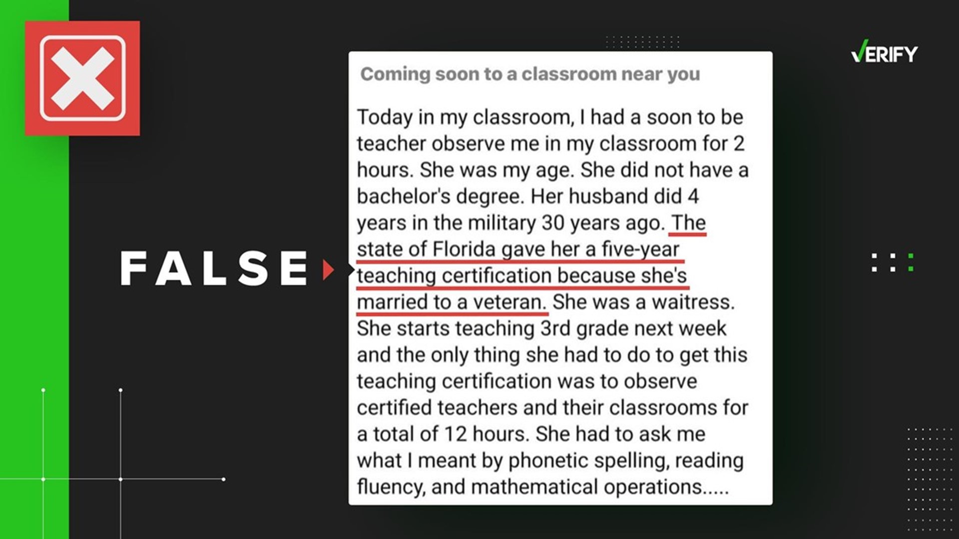 Veterans without bachelor's degrees can get a temporary teaching certificate in Florida. But this doesn’t apply to their spouses, despite social media claims.