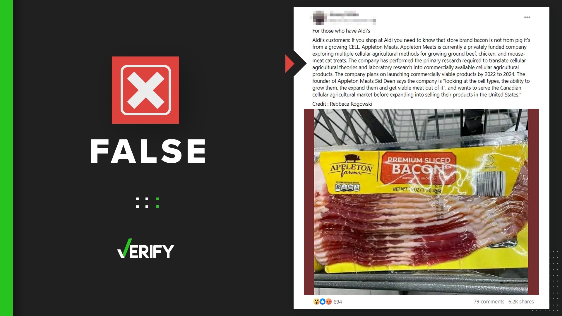 Aldi does not sell bacon grown from cells in a lab. The grocery chain sells bacon and other deli meats under the Appleton Farms brand, not Appleton Meats.