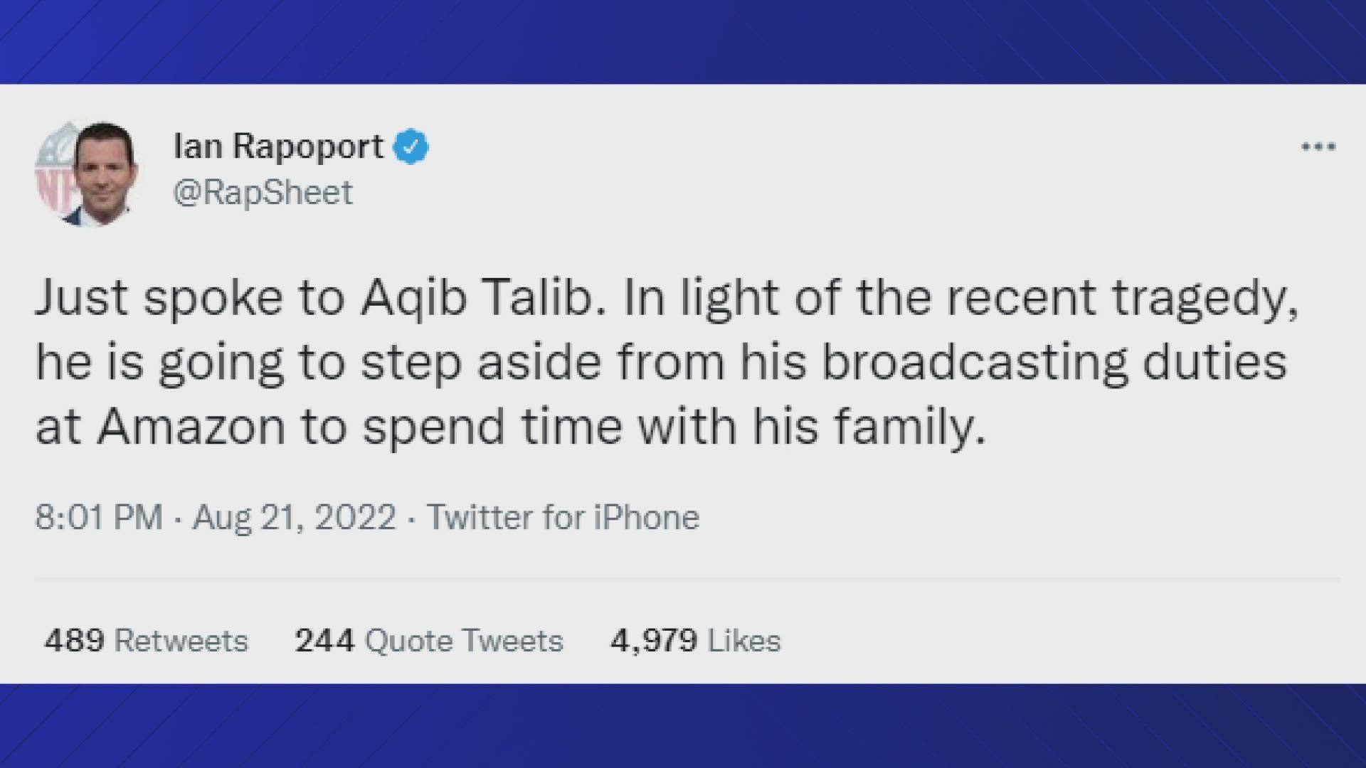 Former NFL cornerback Aqib Talib is reportedly stepping away from his gig with Amazon's "Thursday Night Football" broadcast following his brother's arrest for murder