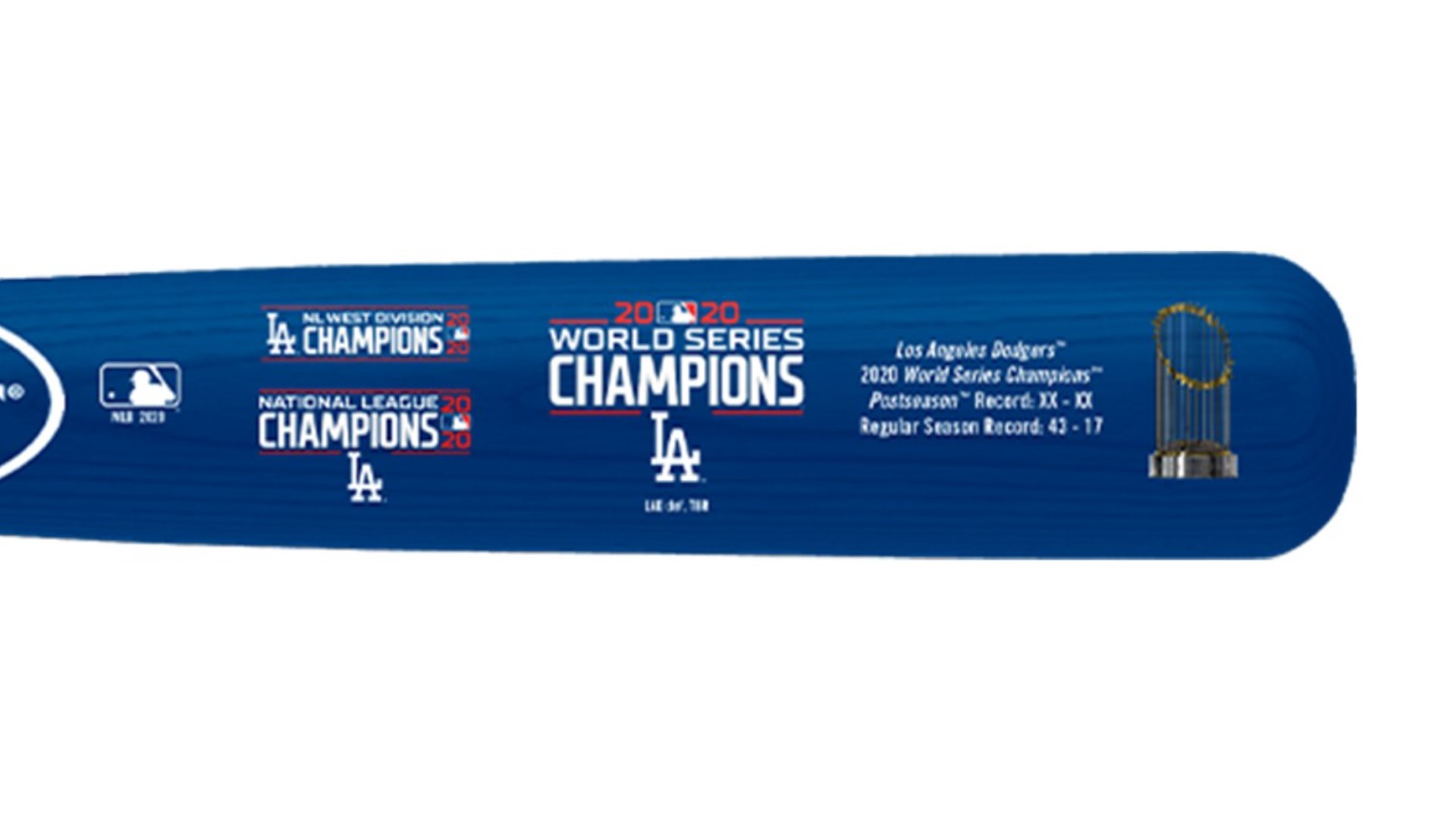 Fans can purchase a 34-inch Louisville Slugger bat in team colors with the Dodgers’ World Series Champions logo and trophy.