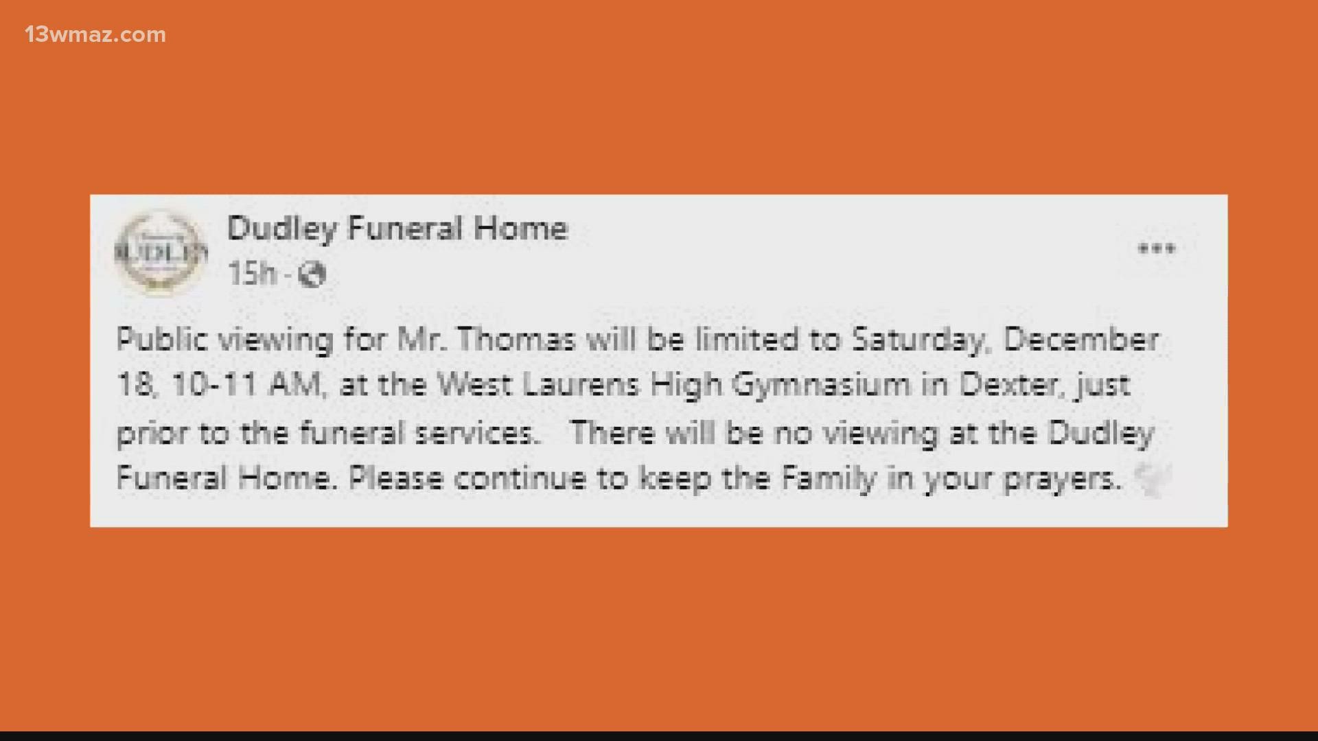 There will be a public viewing at the West Laurens High Gymnasium in Dexter just before the funeral.