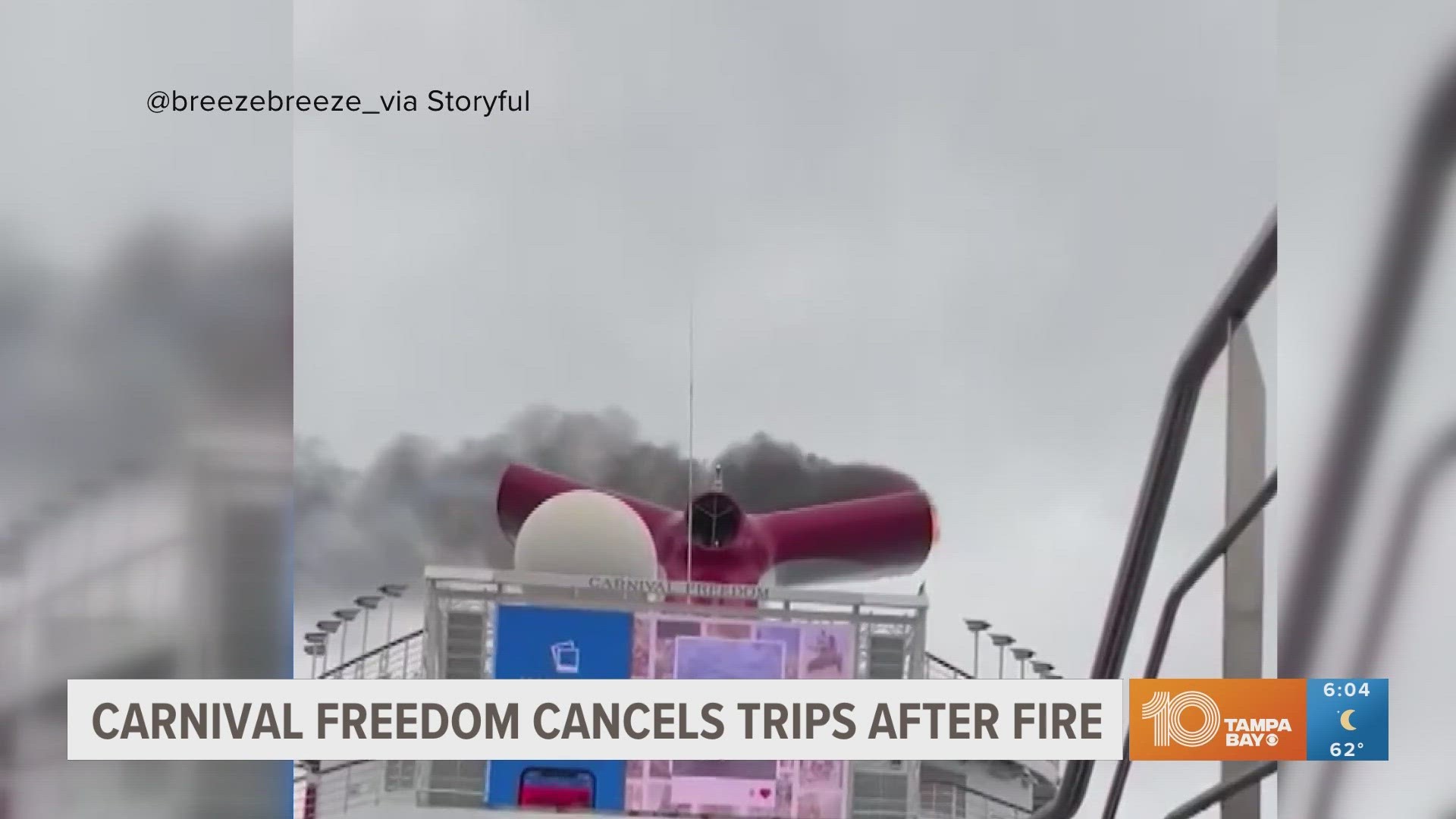 Flames on the ship's exhaust funnel were reported amid bad weather near the Bahamas.