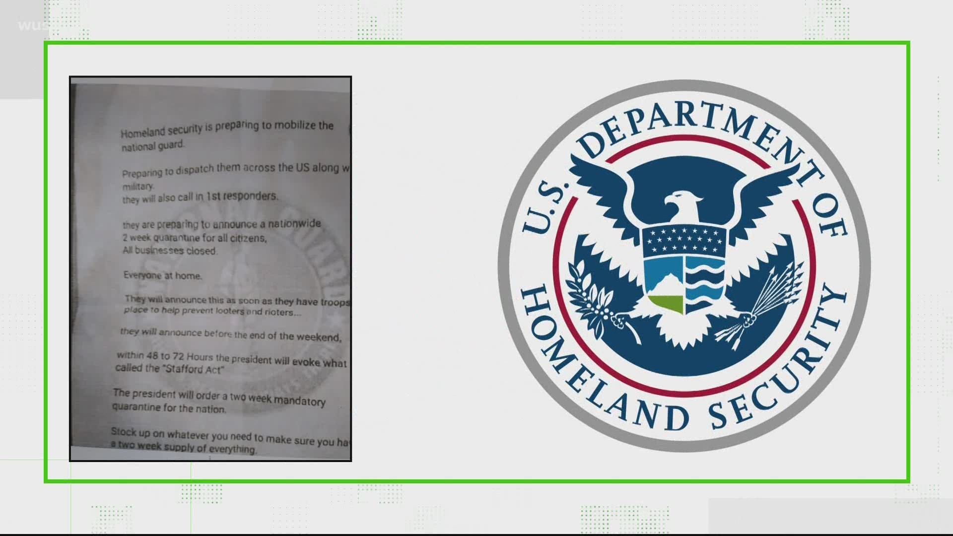 The Verify team digs into the rumor on a flyer that said Homeland Security will use the National Guard and U.S. Military to invoke a two week quarantine