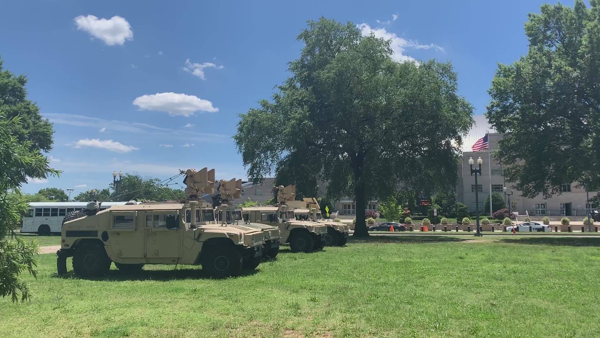 National Guard troops parked outside of DC armory.