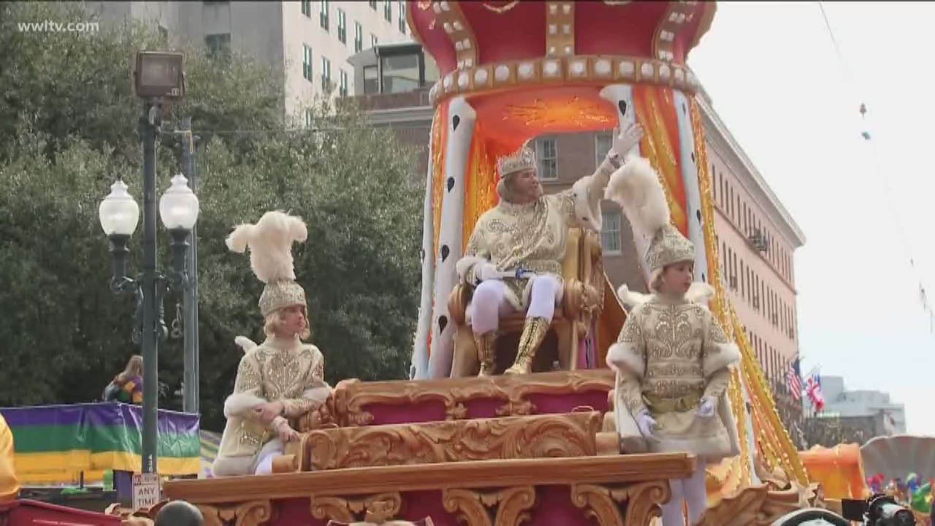 Rex 2018, Poco Sloss, toasts the mayor of New Orleans at Gallier Hall on Tuesday, Mardi Gras. 