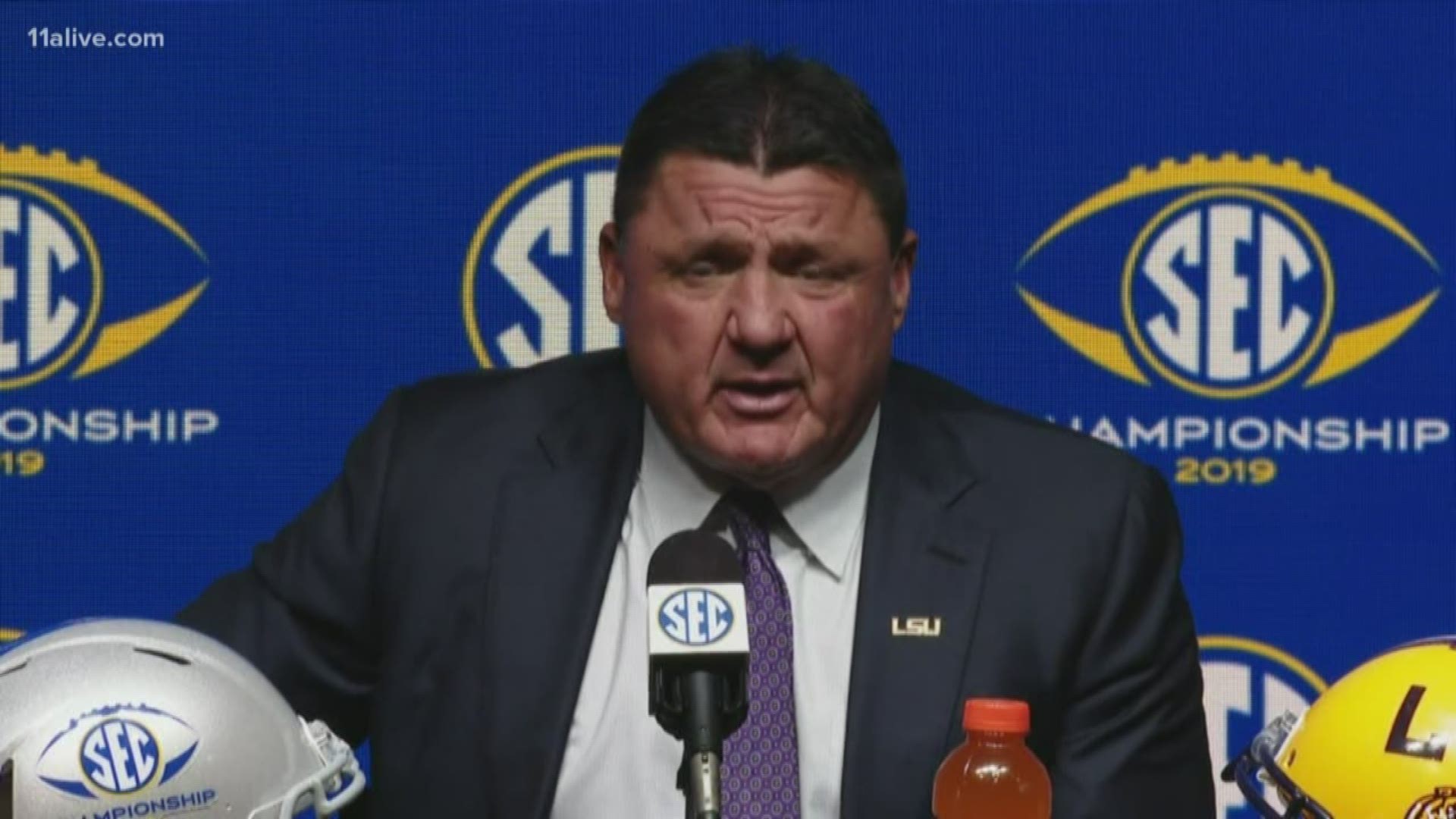 LSU Tigers coach Ed Orgeron talks about facing Bulldogs in the SEC Championship